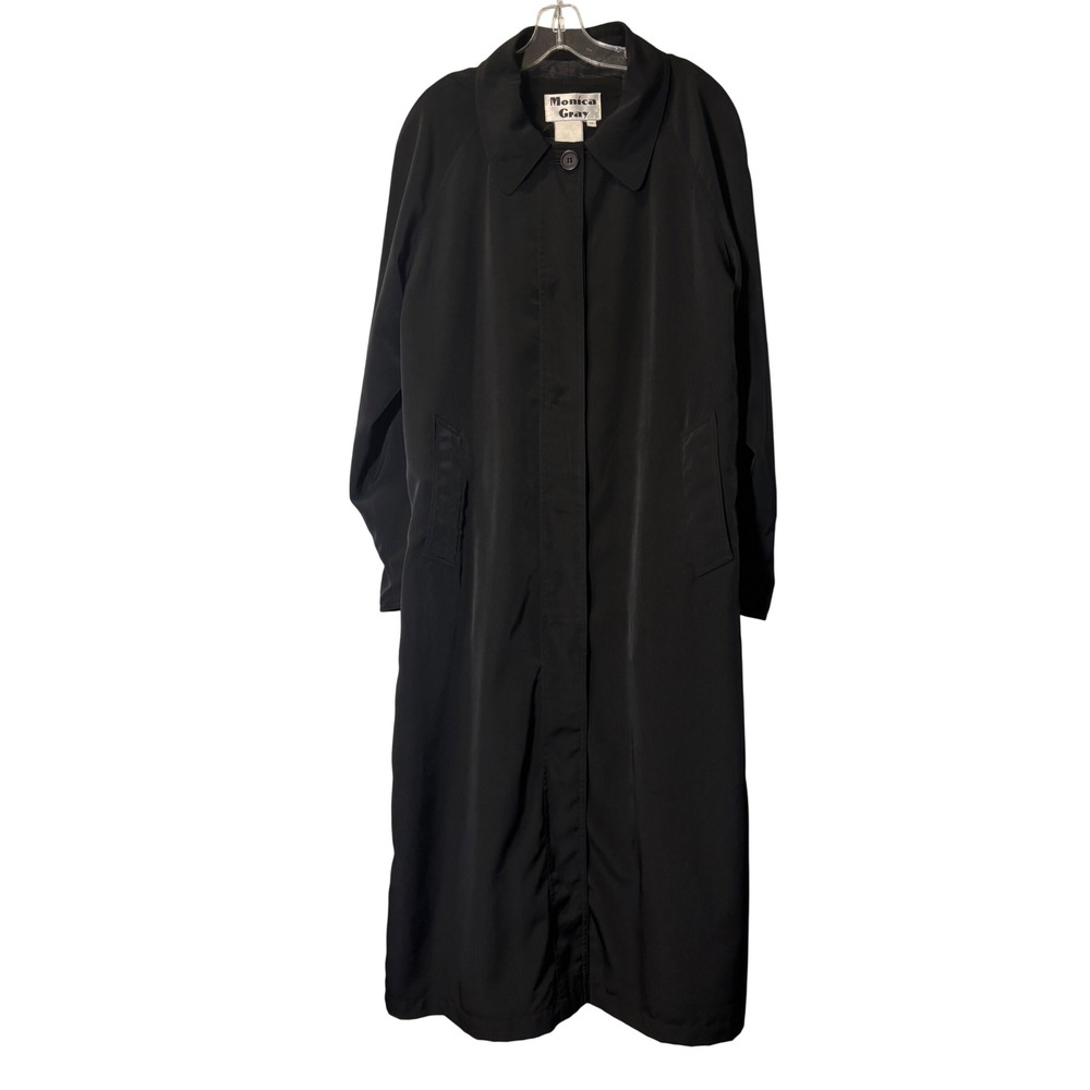 Monica Gray Vintage Womens Black Long Trench Coat Duster Hidden Button Size 14